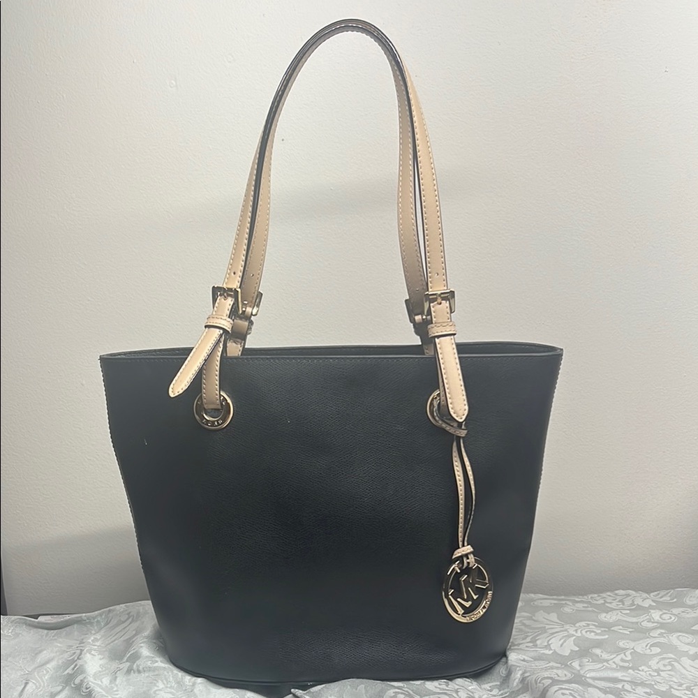 Michael Kors Black and Tan Shoulder Bag with Gold Accents